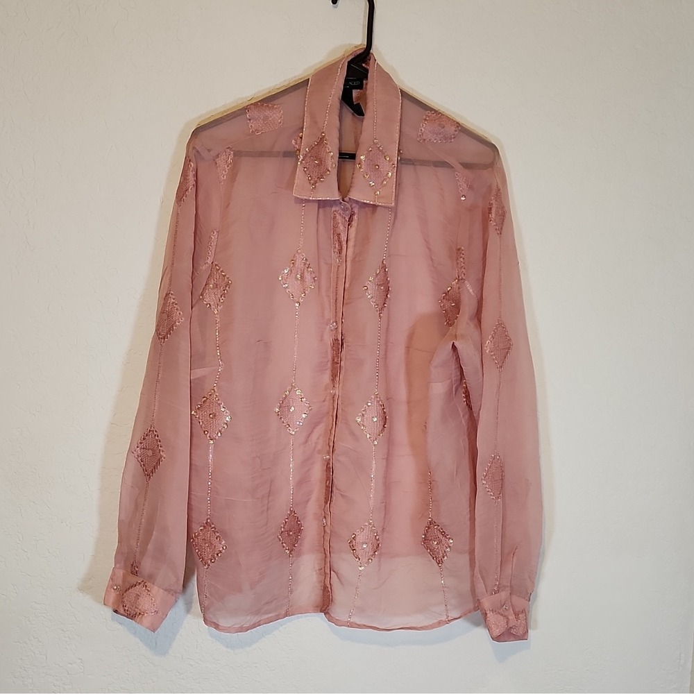 Karen Arnold Pink Sheer Embroidered Beaded Button Blouse 1X Plus Long Sleeve